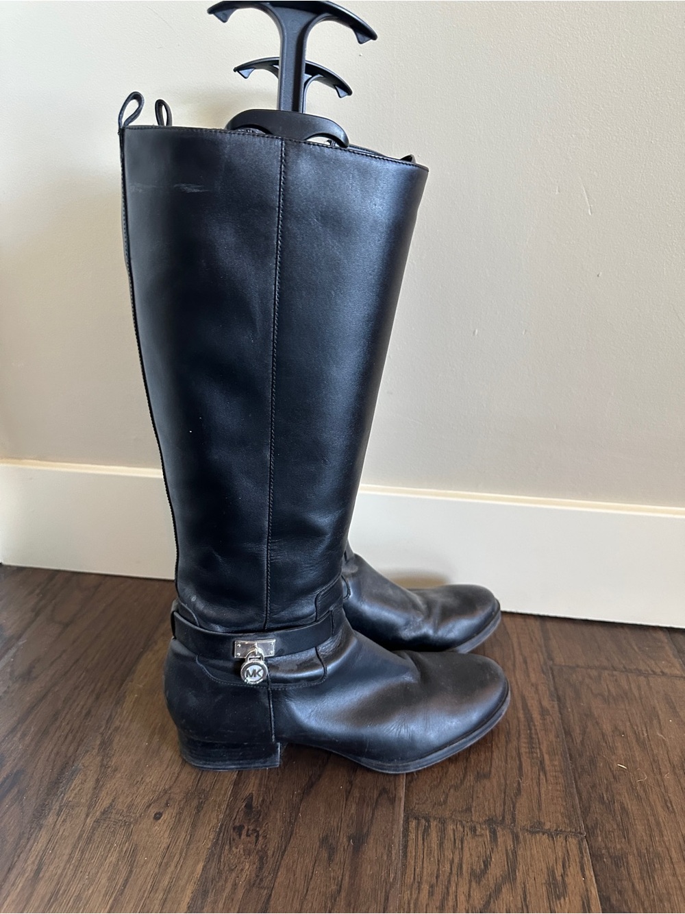 Michael Kors Black Leather Tall Riding Boots with MK Hardware